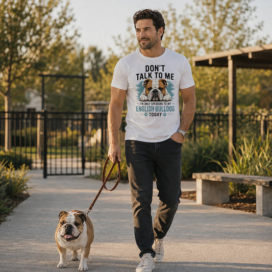 Man wearing the K9 Social Club Don't Talk To Me English Bulldog graphic tee while walking an English Bulldog outdoors