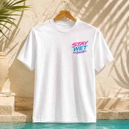 White Stay Wet Poolside Takeover Pink Flamingo front and back tee mockup showing the small left-chest print