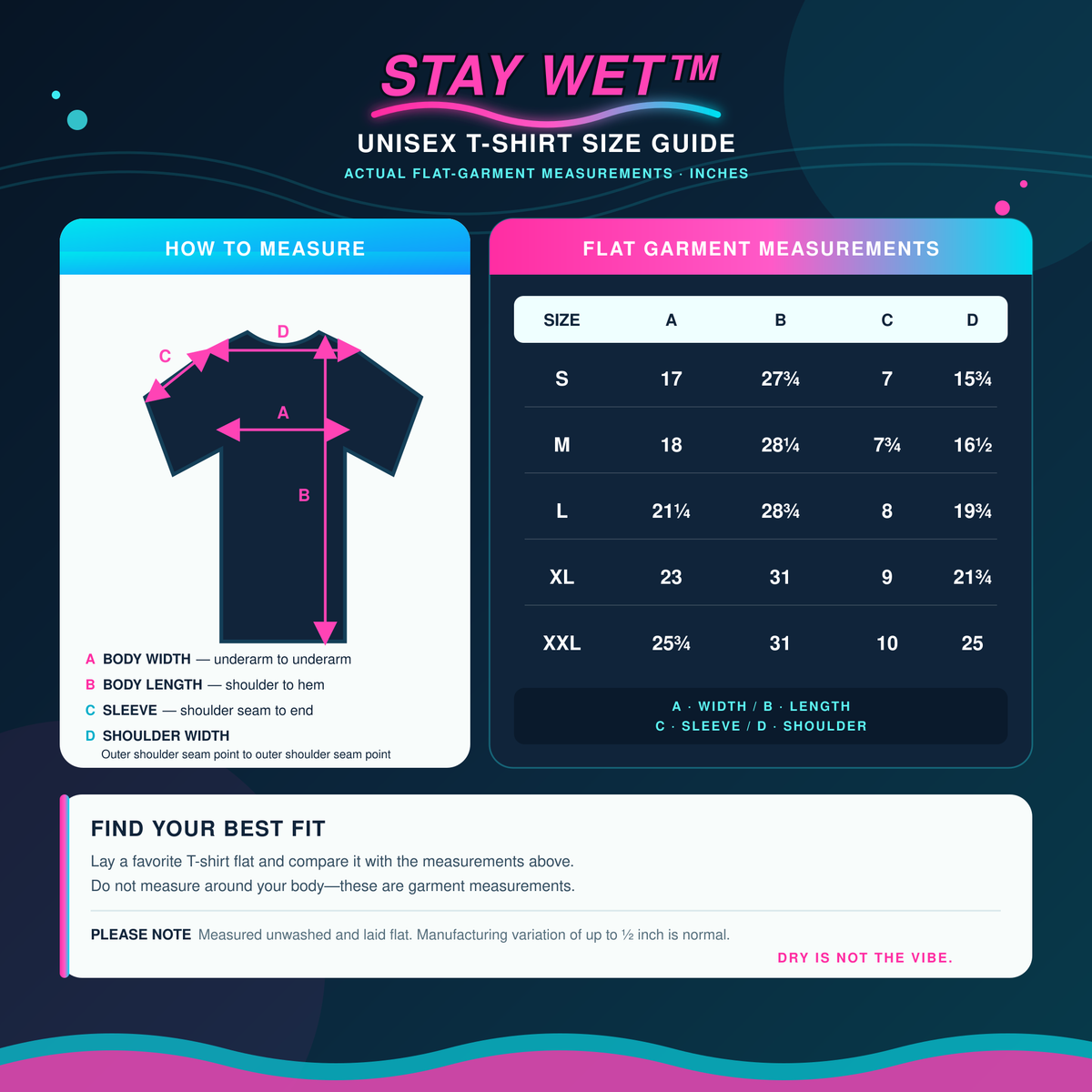 Stay Wet unisex T-shirt size chart with flat garment measurements in inches for sizes S through XXL.