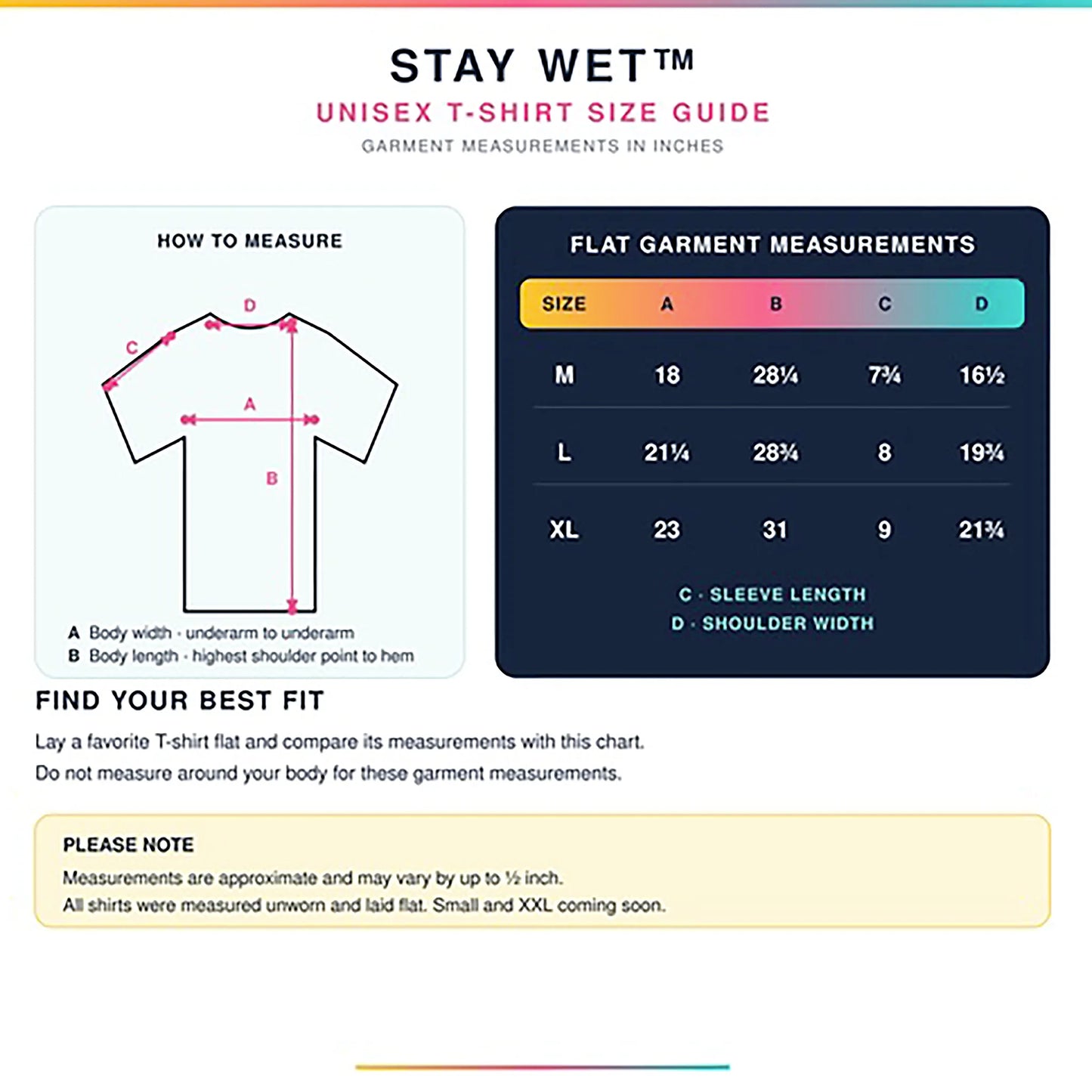Stay Wet unisex T-shirt size chart with garment measurements for Medium, Large and XL