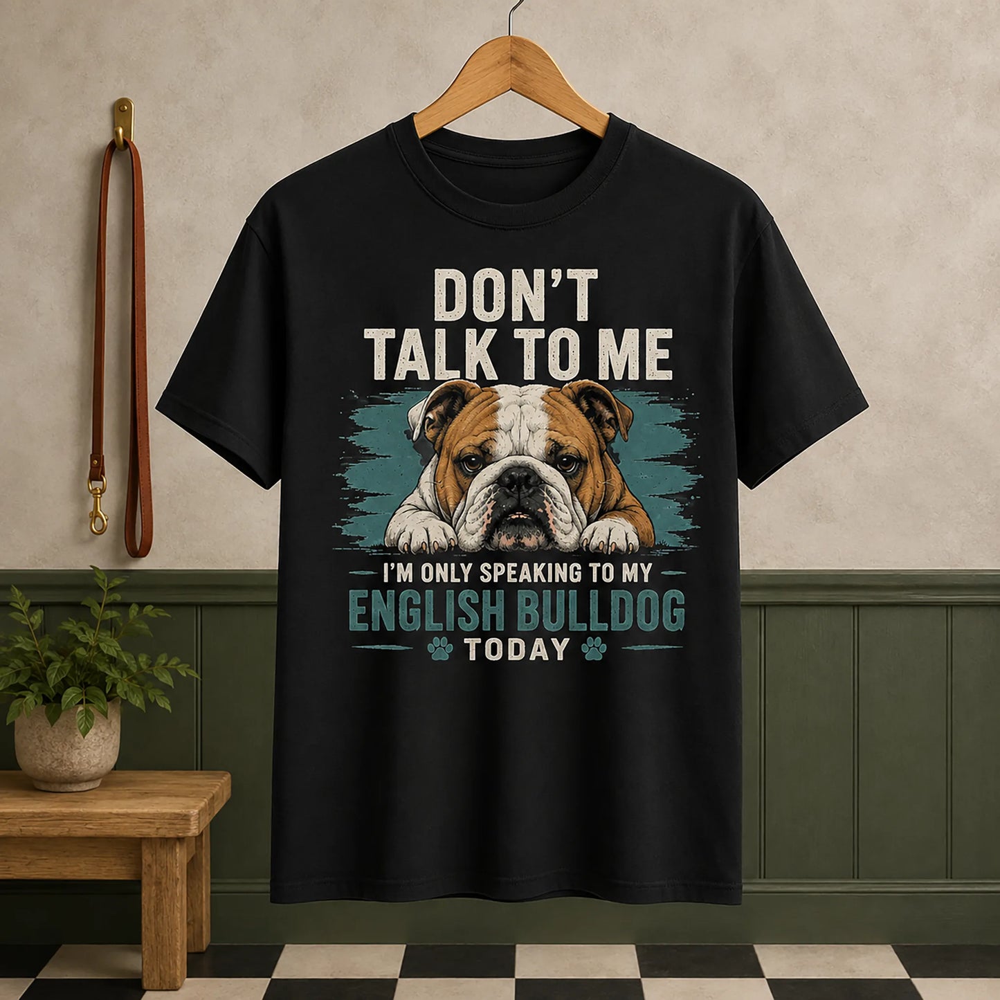 Black K9 Social Club Don't Talk To Me English Bulldog graphic tee displayed on a hanger.