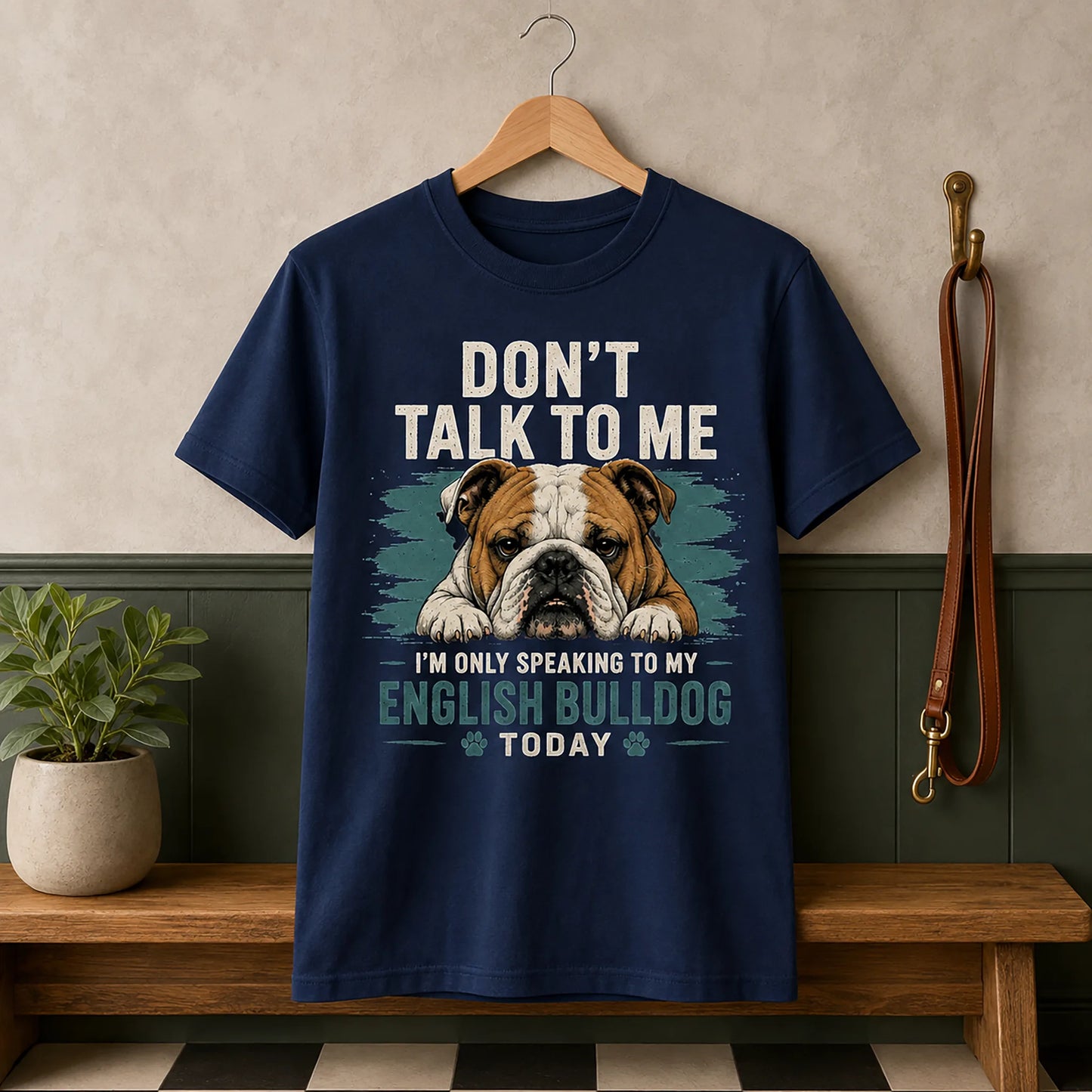 Navy K9 Social Club Don't Talk To Me English Bulldog graphic tee displayed on a hanger.