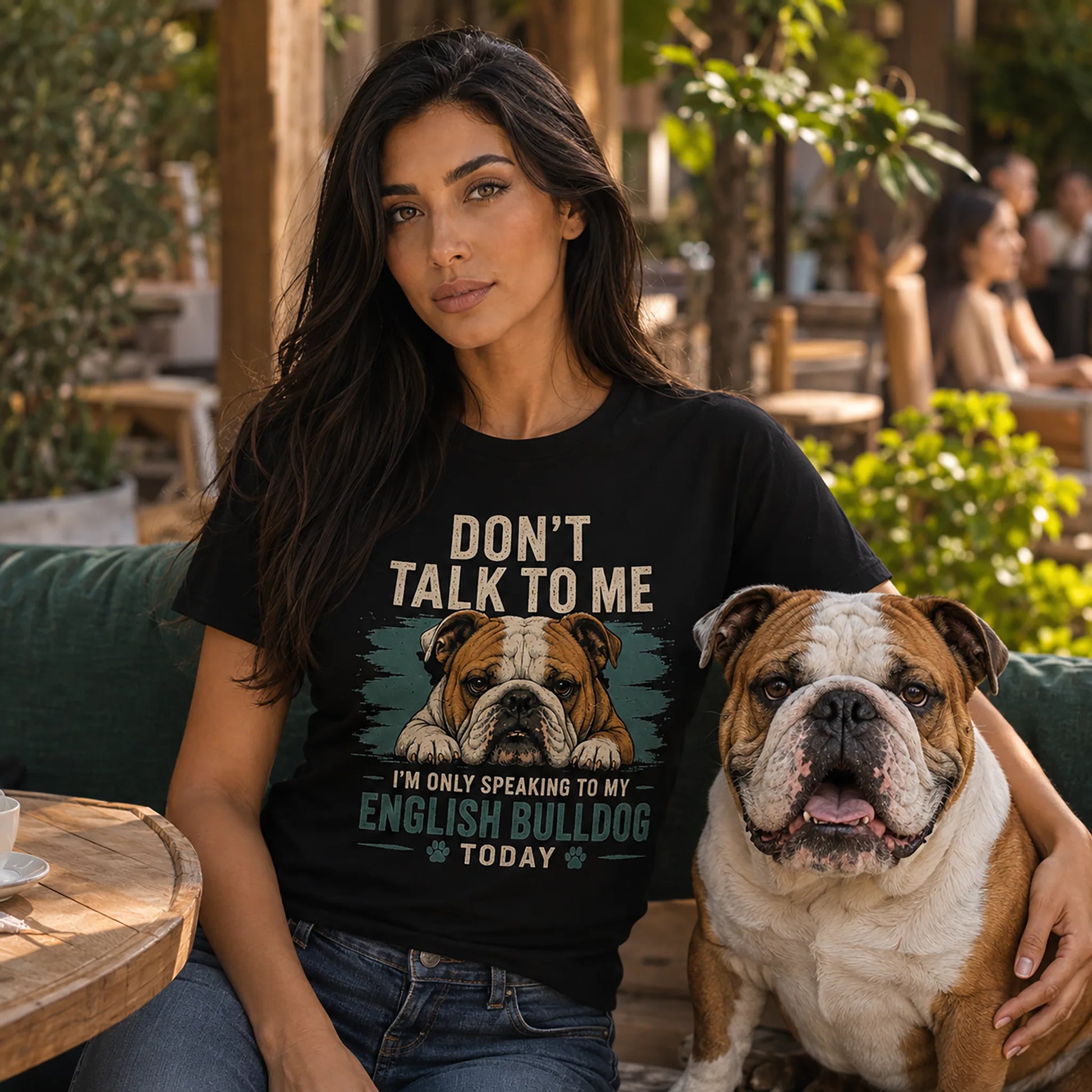 Woman wearing the black K9 Social Club Don't Talk To Me English Bulldog graphic tee while sitting beside an English Bulldog outdoors.