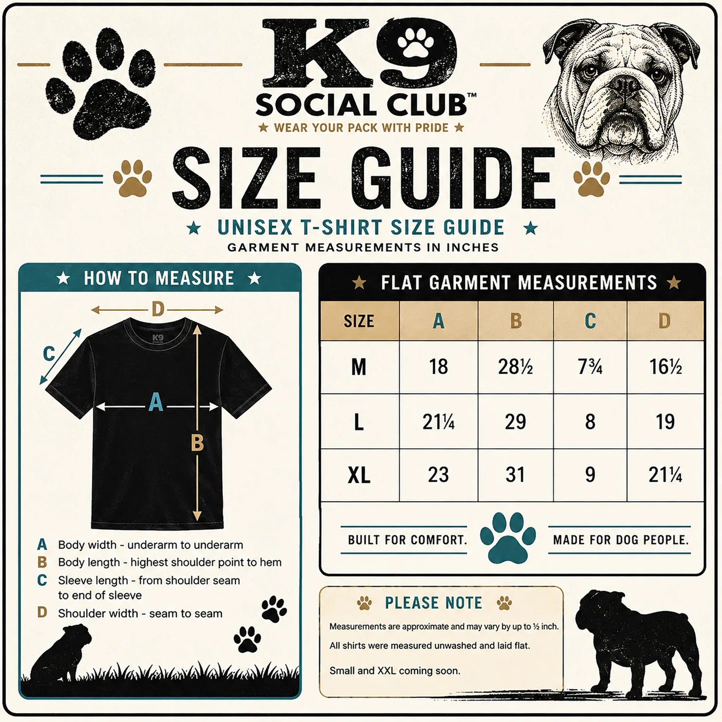 K9 Social Club unisex T-shirt size guide with M, L and XL garment measurements, measurement diagram, paw prints and English Bulldog graphics.