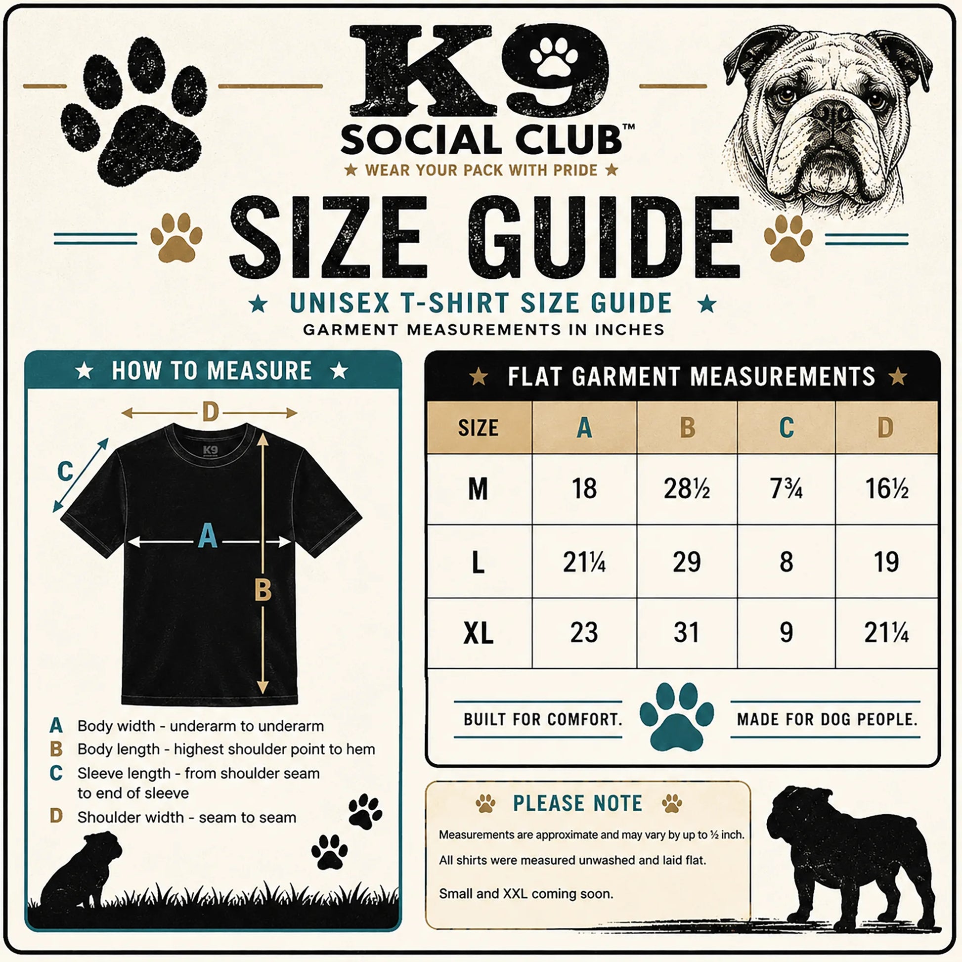 K9 Social Club unisex T-shirt size guide with M, L and XL garment measurements, measurement diagram, paw prints and English Bulldog graphics.