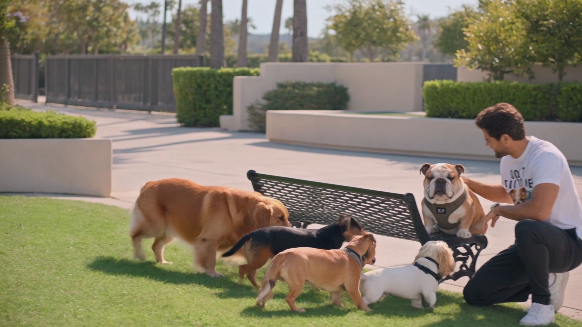 K9 Social Club apparel lifestyle video featuring a male model in a bulldog graphic T-shirt with dogs socializing and playing outdoors.