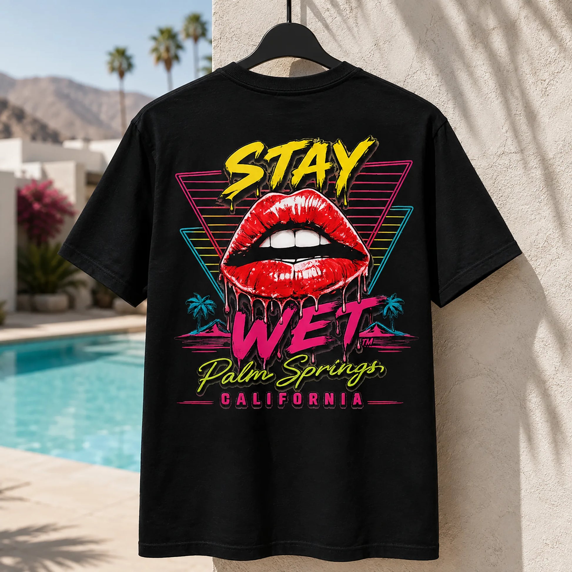 Black Stay Wet Hot Lips and Triangles tee with large neon back graphic