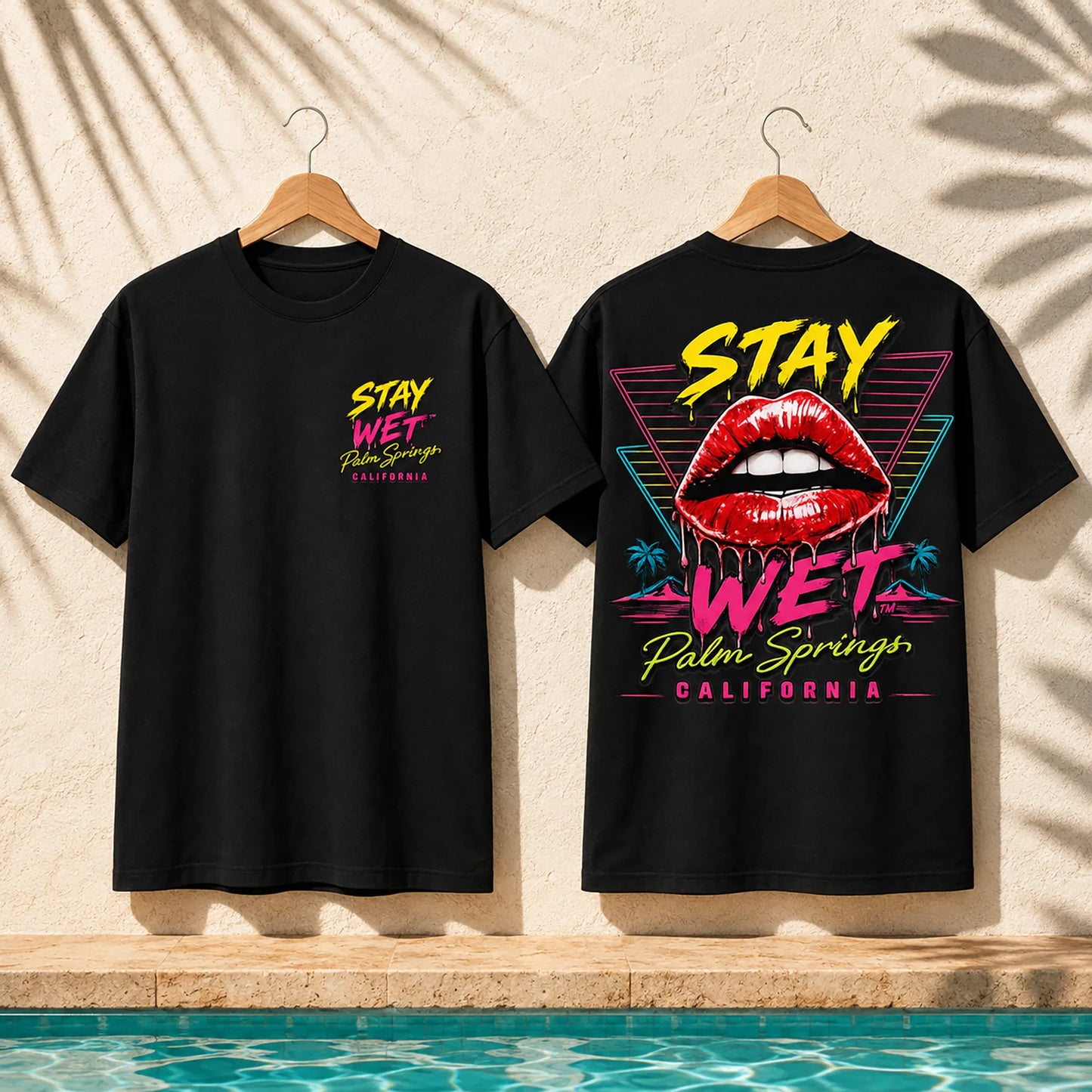 Black Stay Wet Hot Lips and Triangles T-shirt showing the left-chest front print and large back graphic