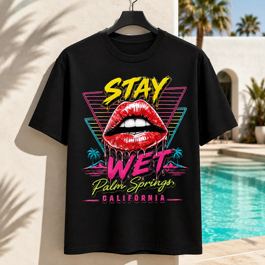 Black Stay Wet Hot Lips and Triangles front graphic tee, Palm Springs Special Edition