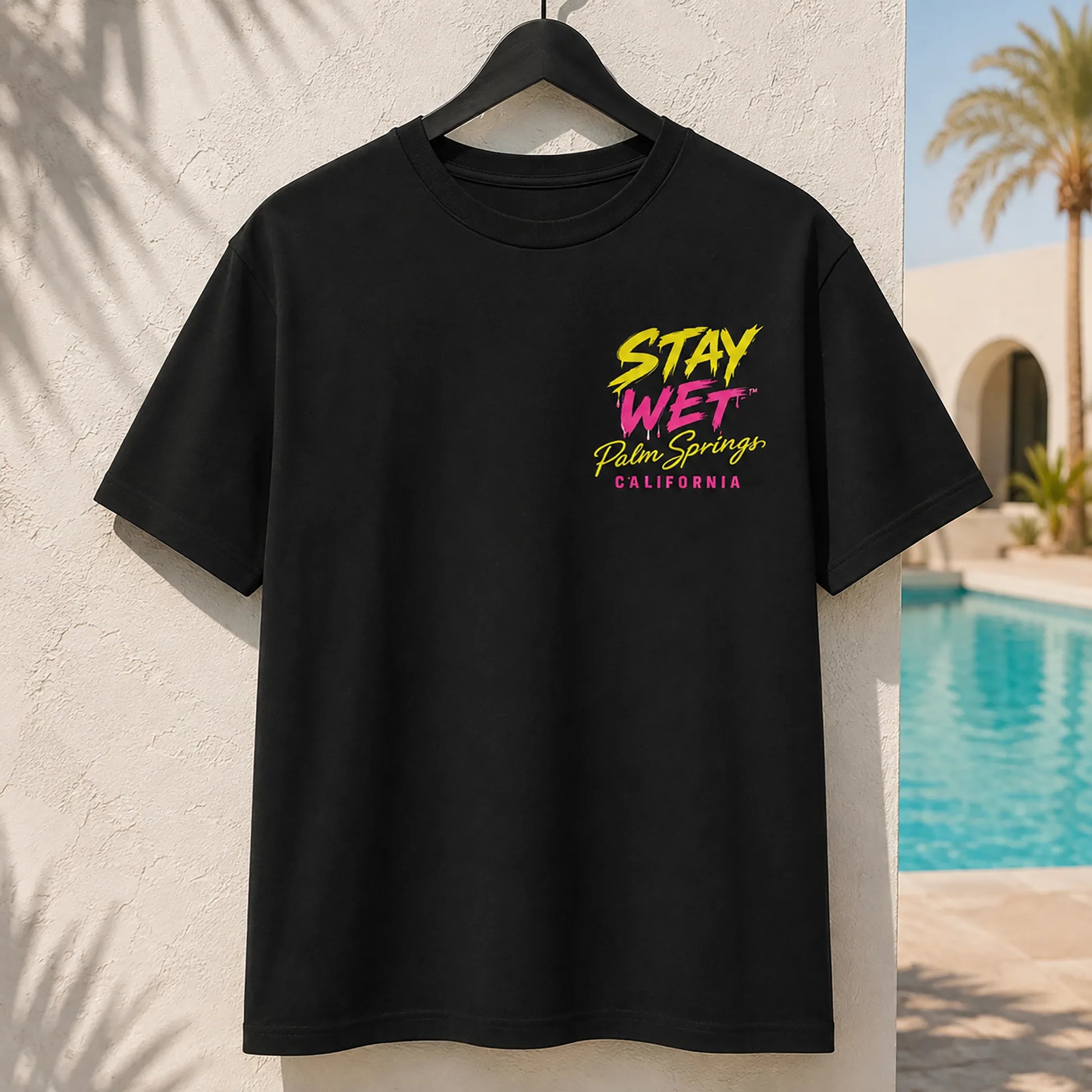Black Stay Wet Hot Lips and Triangles tee with small left-chest print, front view