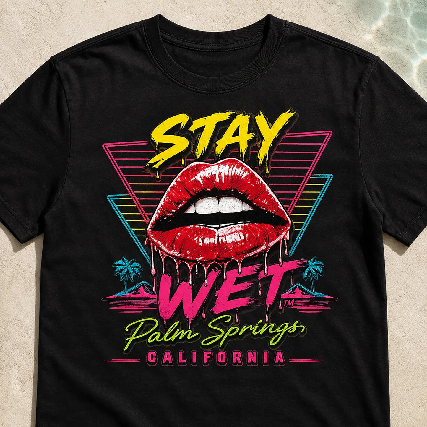 Navy Stay Wet Hot Lips and Triangles front graphic tee, Palm Springs Special Edition