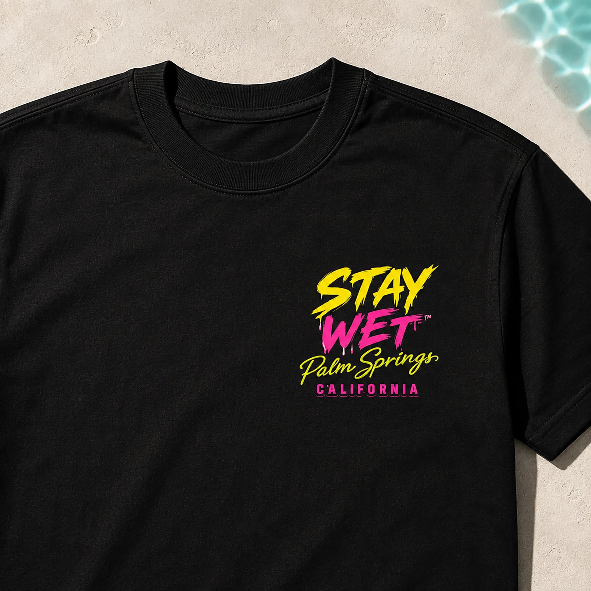 Navy Stay Wet Hot Lips and Triangles tee with large neon back graphic