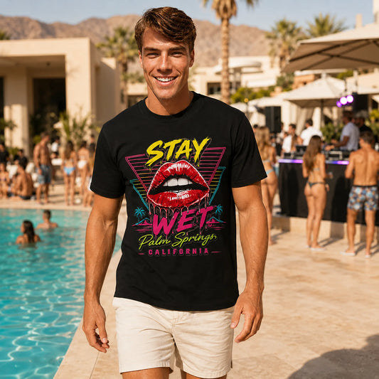 Luca wearing the black Stay Wet Hot Lips and Triangles tee at a Palm Springs resort pool party
