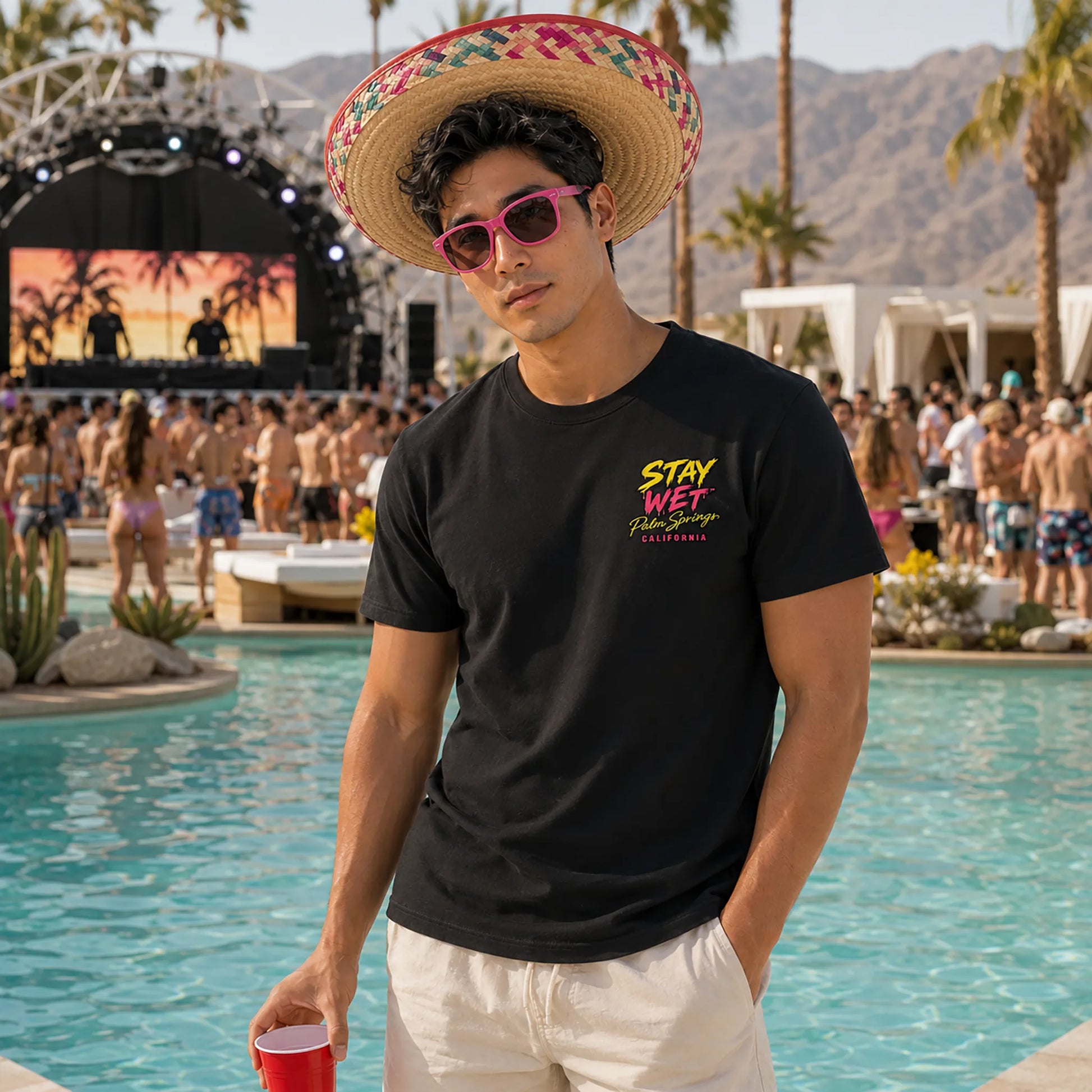 Tanaka wearing the black Stay Wet Hot Lips and Triangles left-chest tee at a Palm Springs pool party