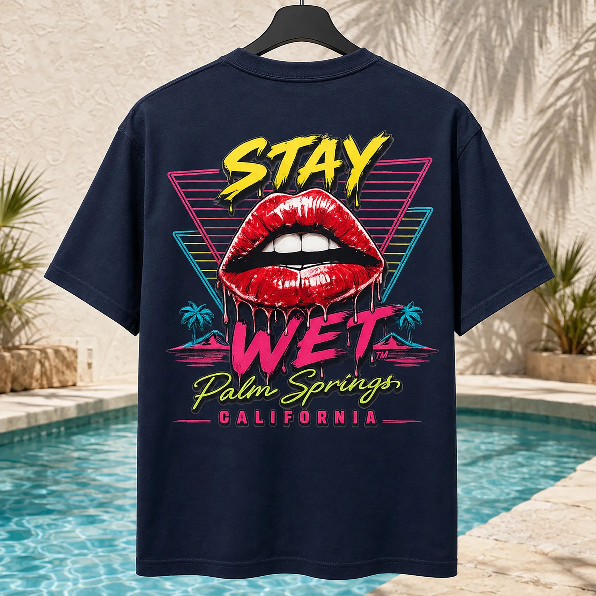 Navy Stay Wet Hot Lips and Triangles tee with large neon back graphic