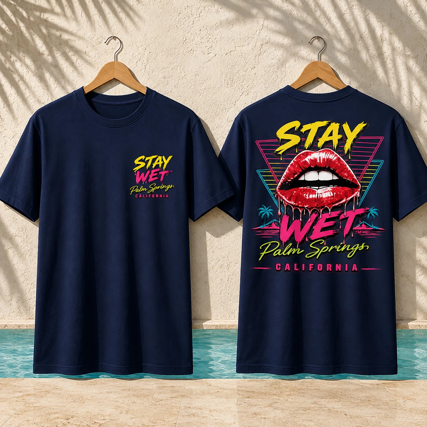 Navy Stay Wet Hot Lips and Triangles T-shirt showing the left-chest front print and large back graphic