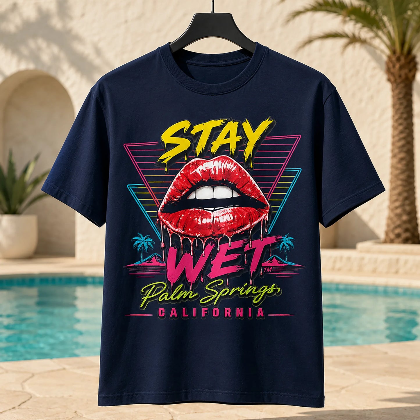 Navy Stay Wet Hot Lips and Triangles front graphic tee, Palm Springs Special Edition