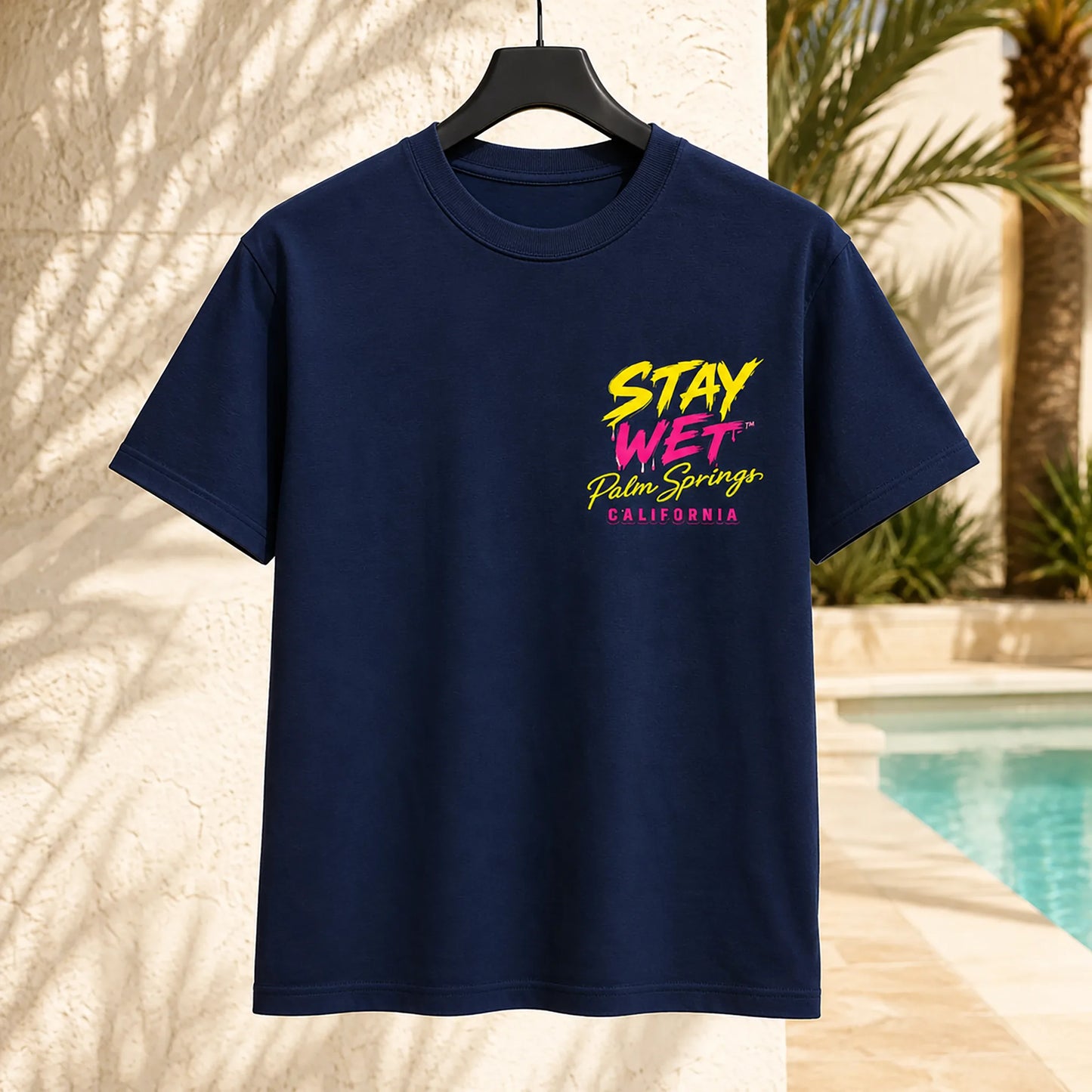 Navy Stay Wet Hot Lips and Triangles tee with small left-chest print, front view