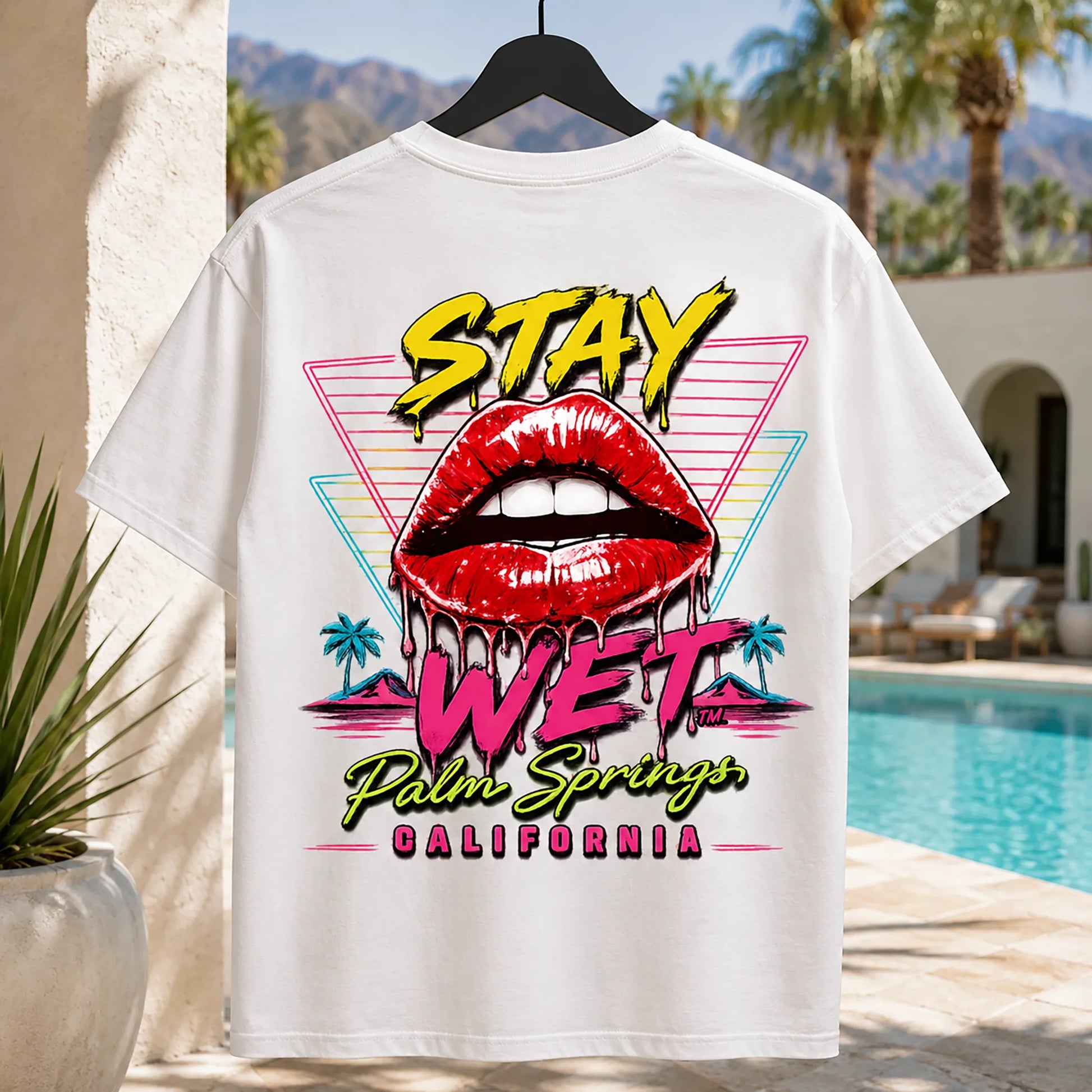 White Stay Wet Hot Lips and Triangles tee with large colorful back graphic