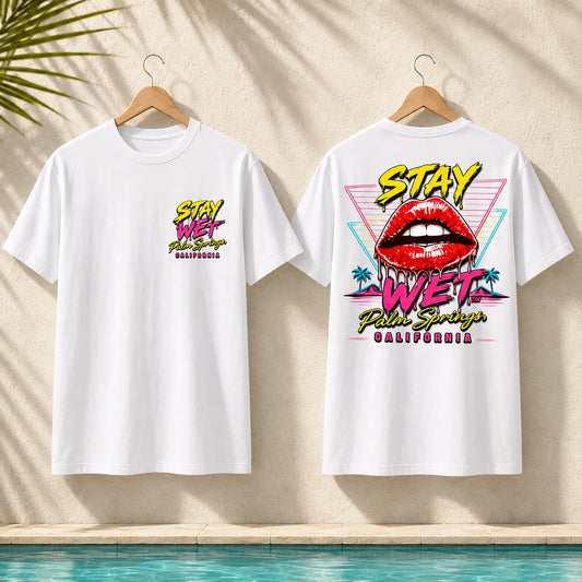 White Stay Wet Hot Lips and Triangles T-shirt showing the left-chest front print and large back graphic