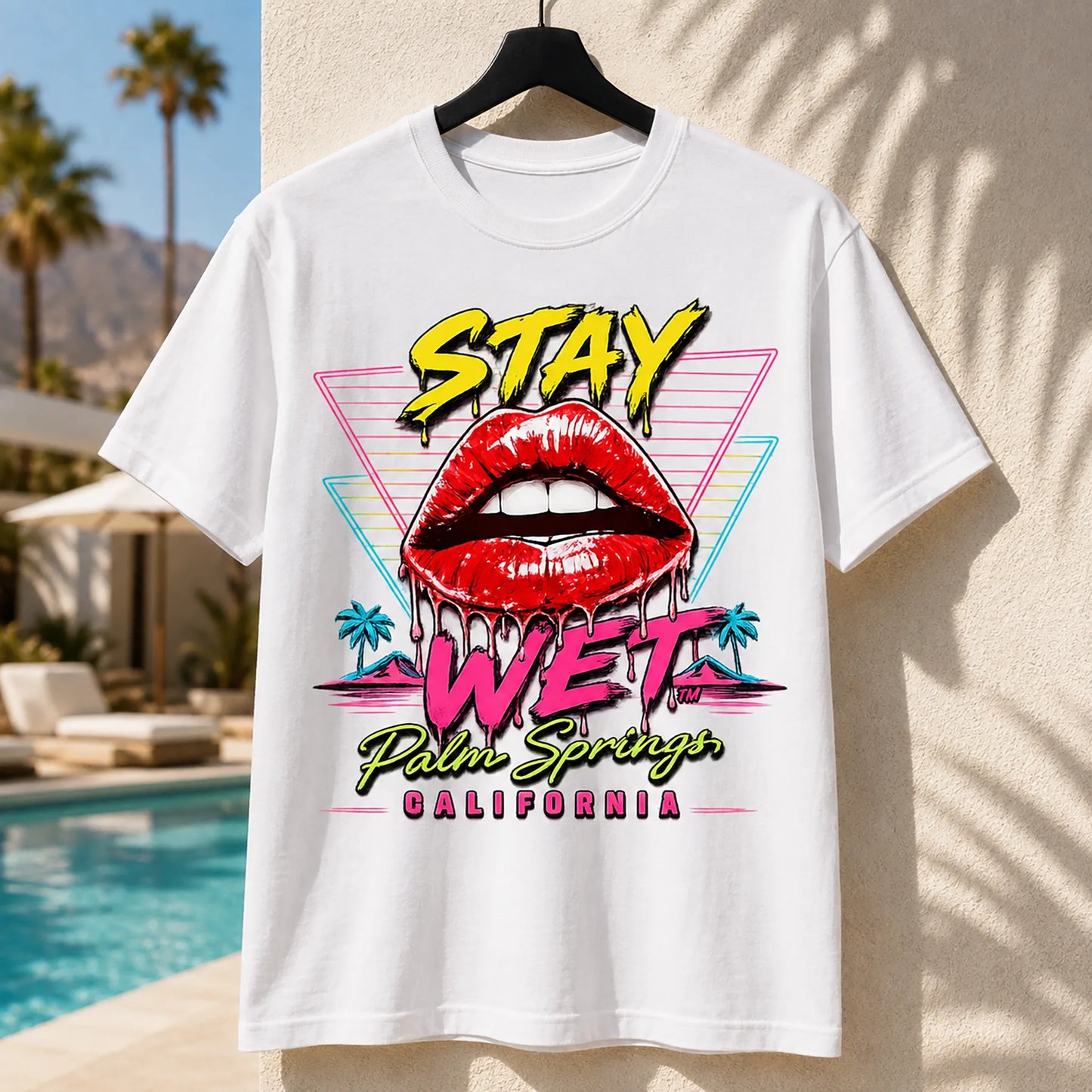White Stay Wet Hot Lips and Triangles front graphic tee, Palm Springs Special Edition