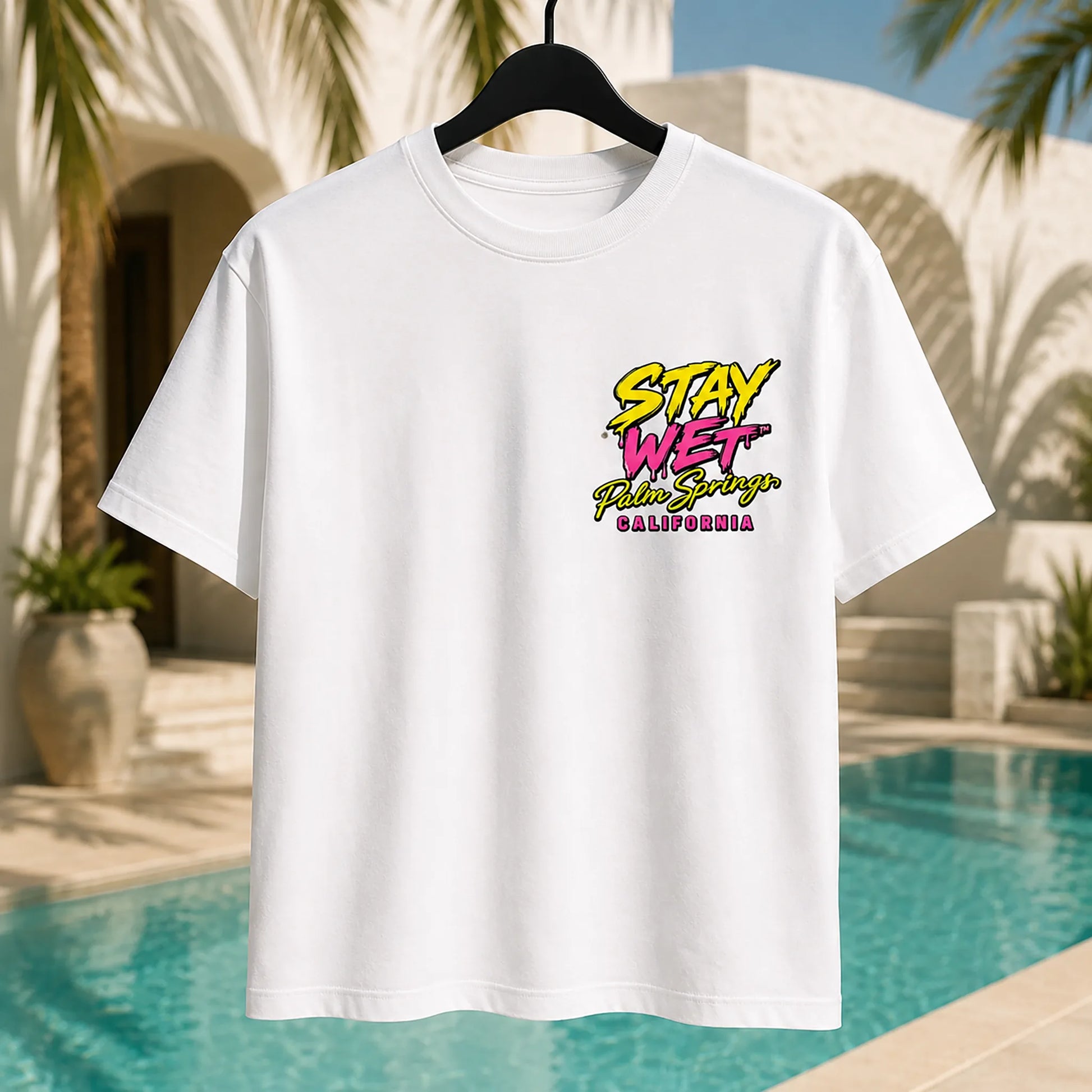 White Stay Wet Hot Lips and Triangles tee with small left-chest print, front view