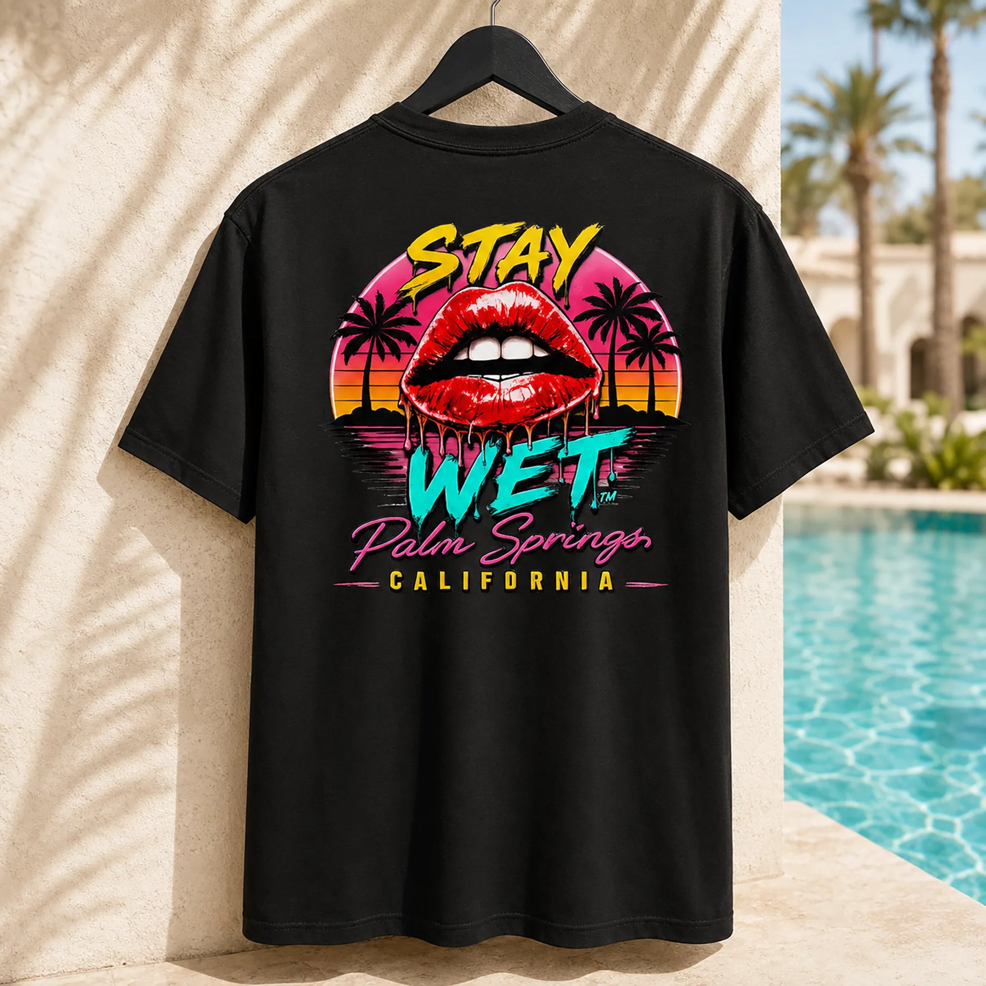 Black Stay Wet Hot Lips at Sunset tee with large Palm Springs back graphic