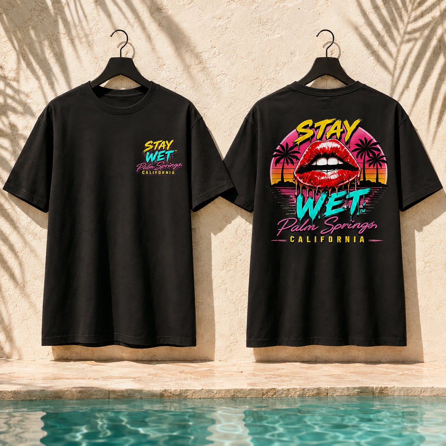 Black Stay Wet Hot Lips at Sunset front graphic T-shirt color options