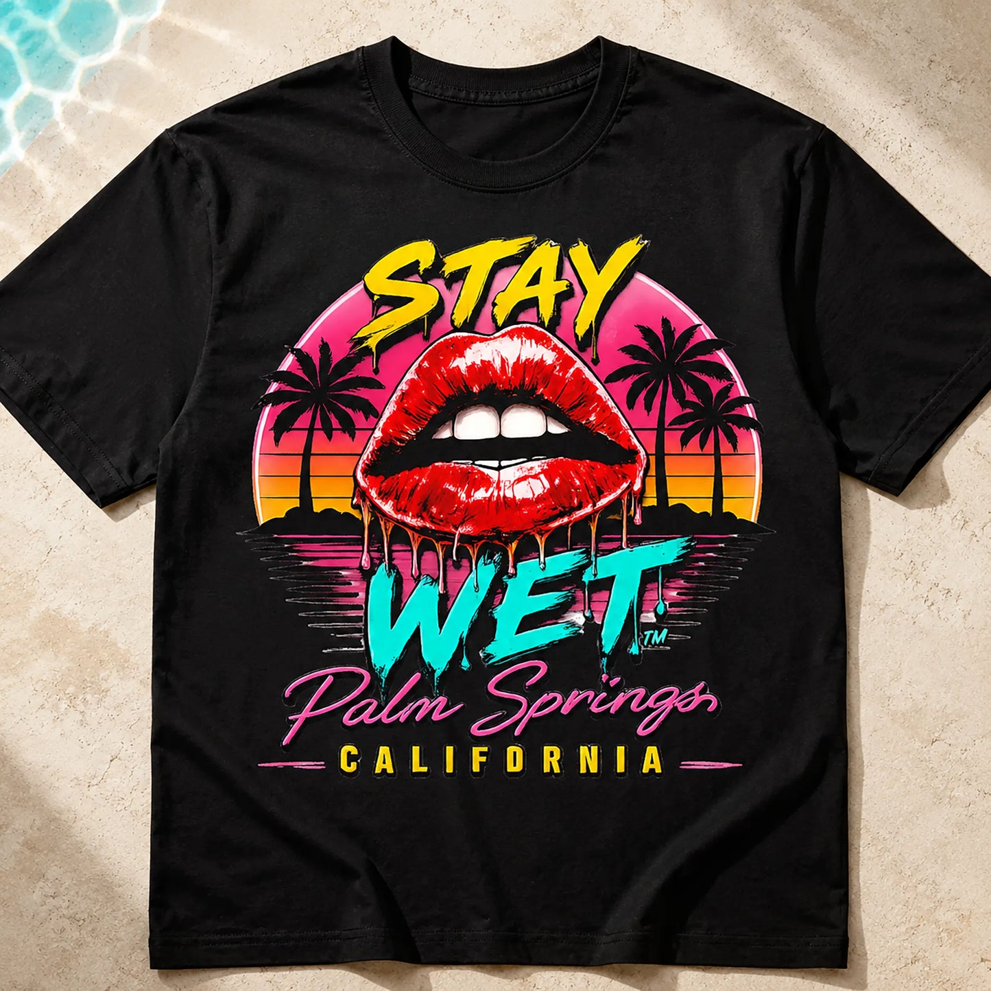 Close-up of the Hot Lips at Sunset graphic printed on a black Stay Wet tee
