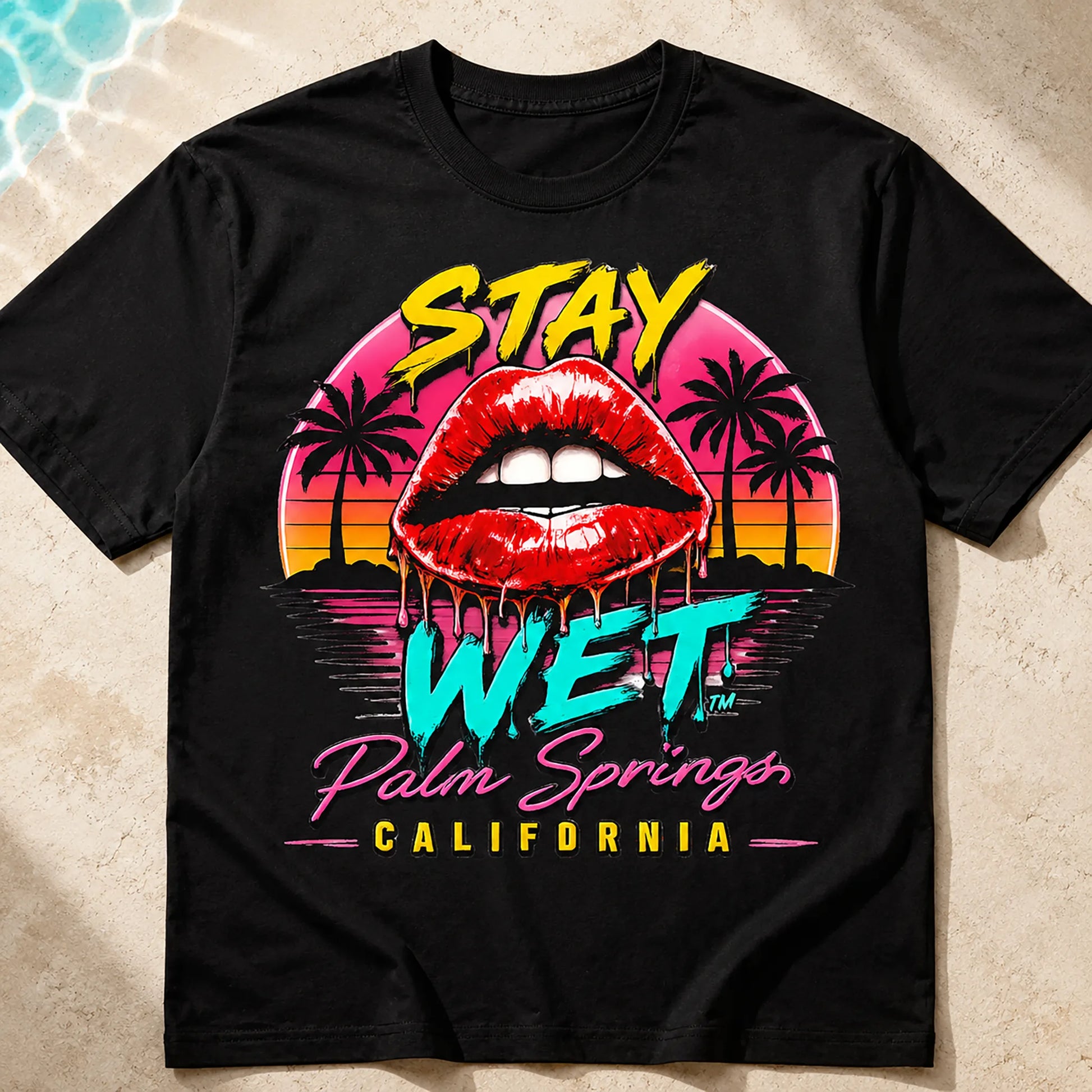 Close-up of the Hot Lips at Sunset graphic printed on a black Stay Wet tee