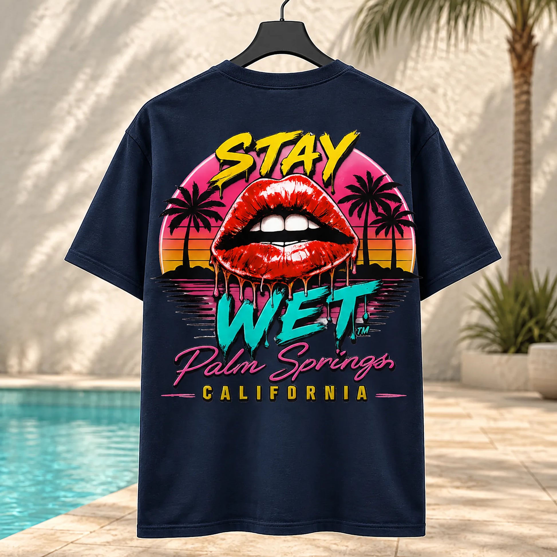 Navy Stay Wet Hot Lips at Sunset tee with large Palm Springs back graphic
