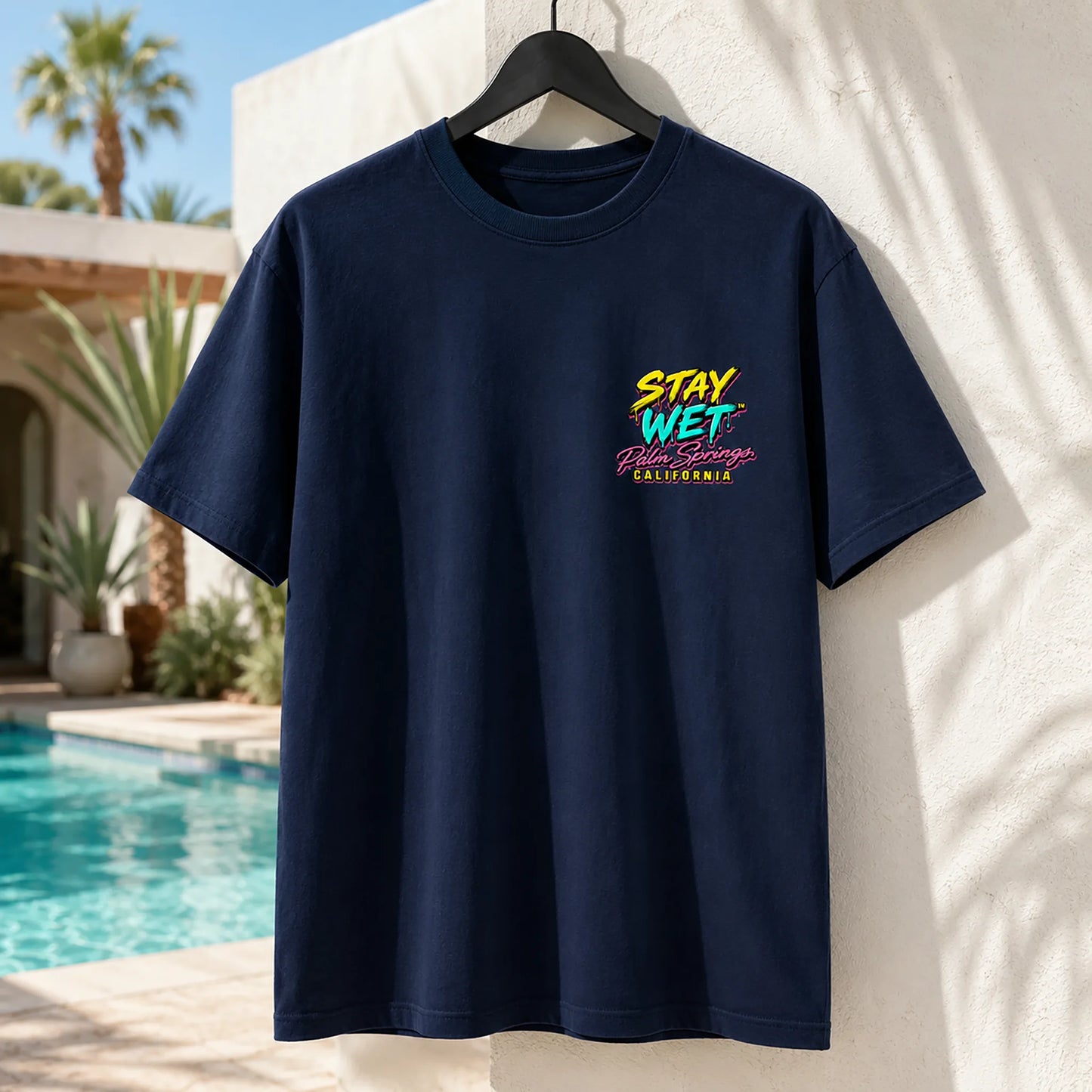 Navy Stay Wet Hot Lips at Sunset tee with small left-chest print, front view