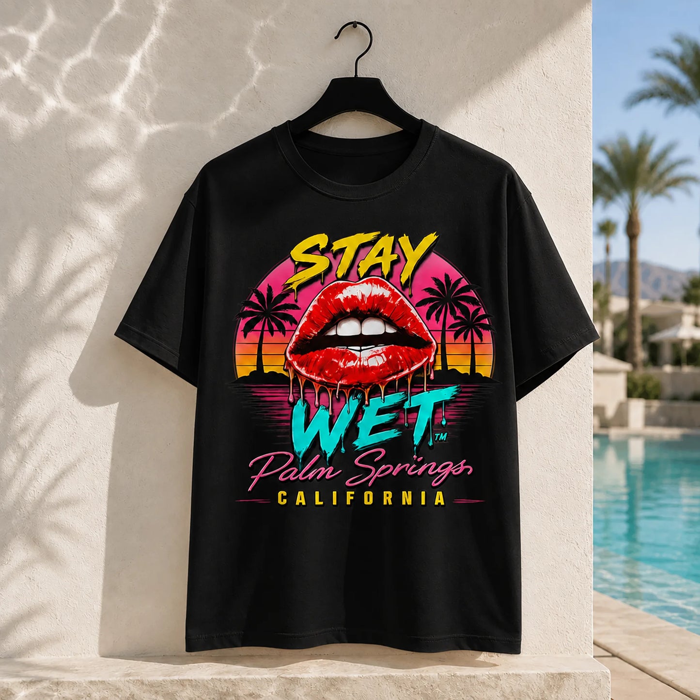 Black Stay Wet Hot Lips at Sunset front graphic tee, Palm Springs Special Edition