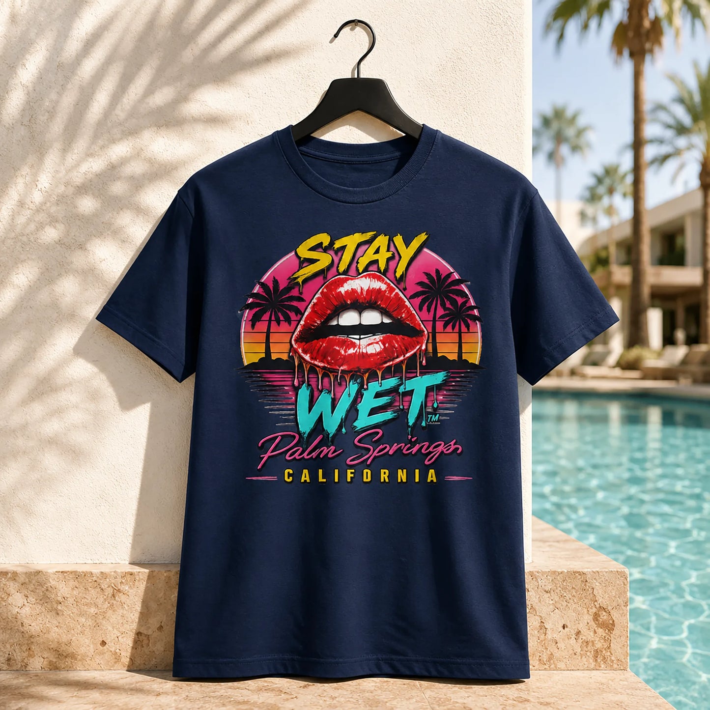 Navy Stay Wet Hot Lips at Sunset front graphic tee, Palm Springs Special Edition