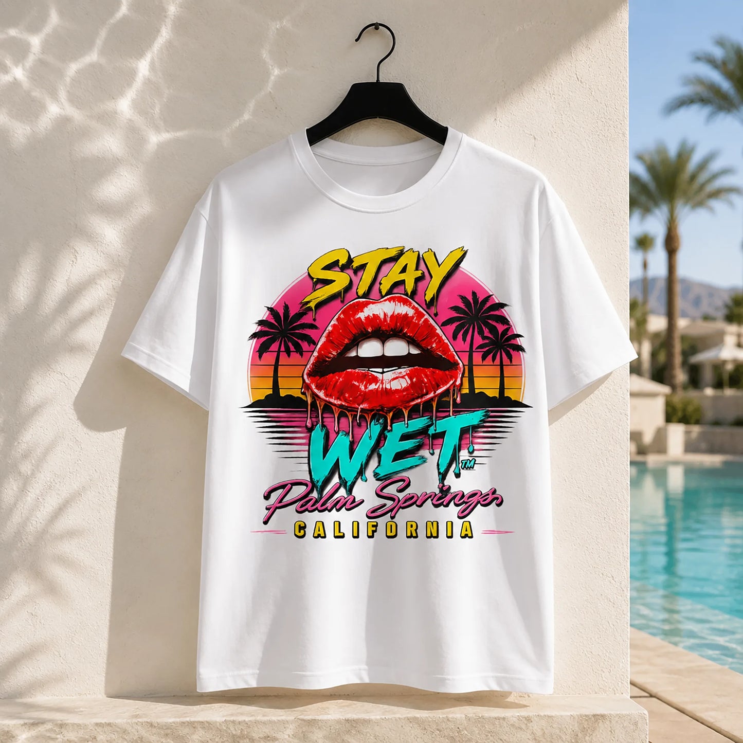 White Stay Wet Hot Lips at Sunset front graphic tee, Palm Springs Special Edition