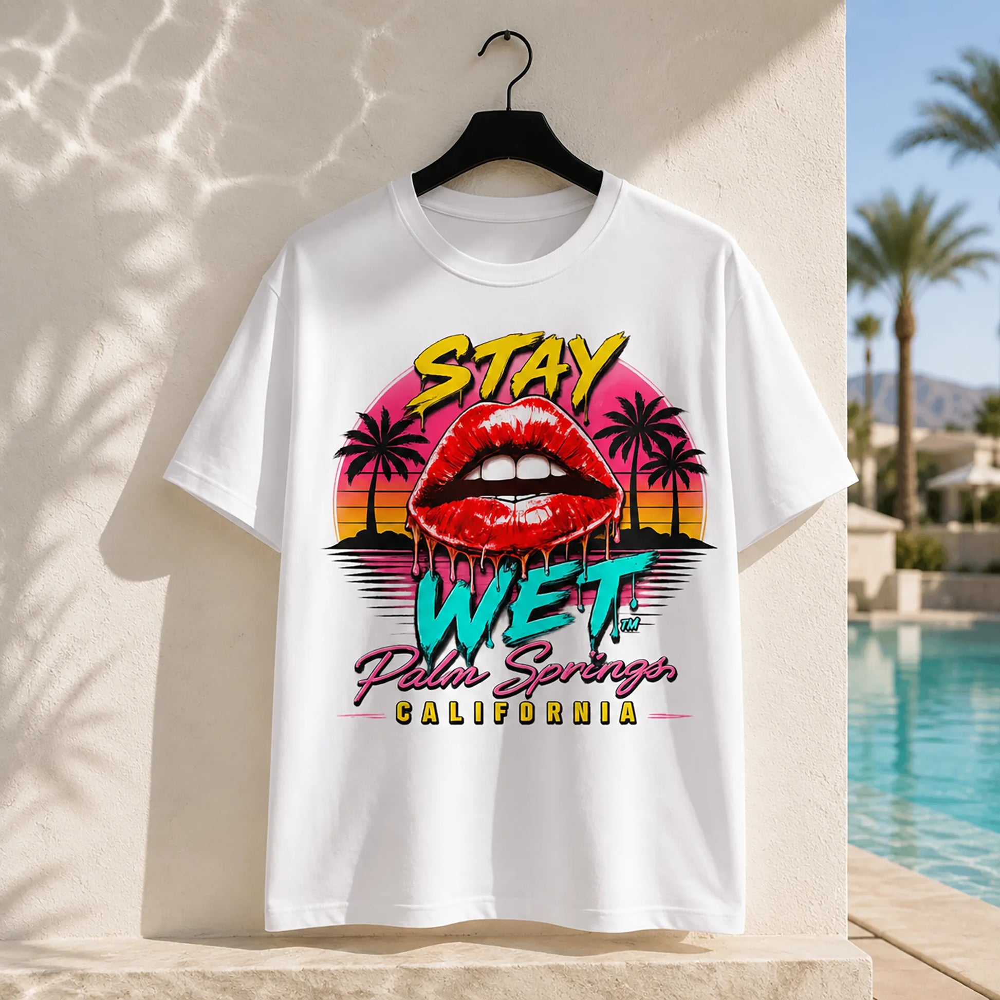 White Stay Wet Hot Lips at Sunset front graphic tee, Palm Springs Special Edition
