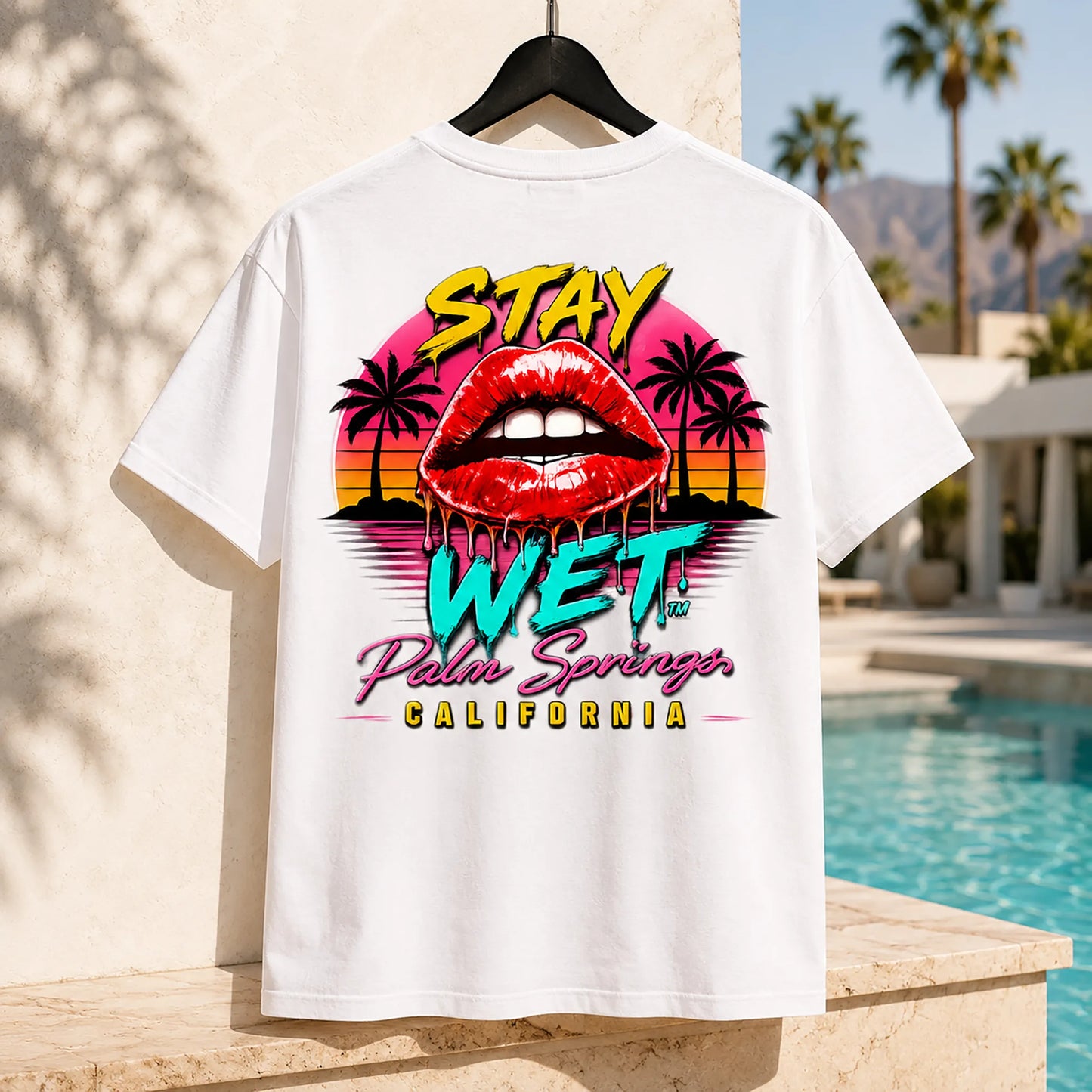 White Stay Wet Hot Lips at Sunset tee with large Palm Springs back graphic