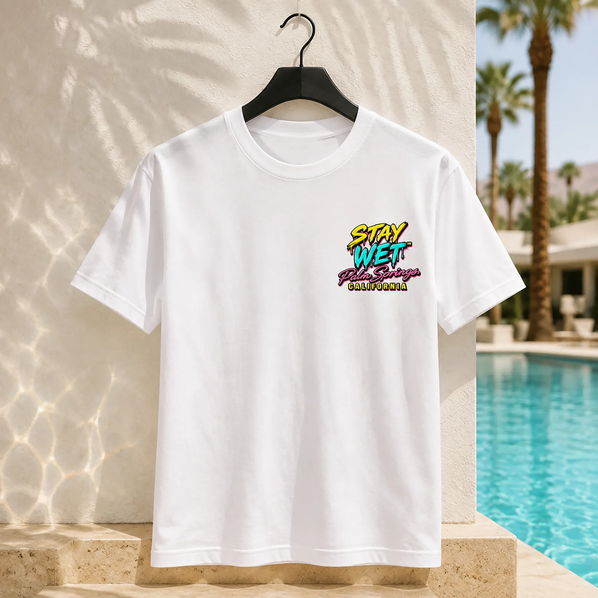 White Stay Wet Hot Lips at Sunset tee with small left-chest print, front view