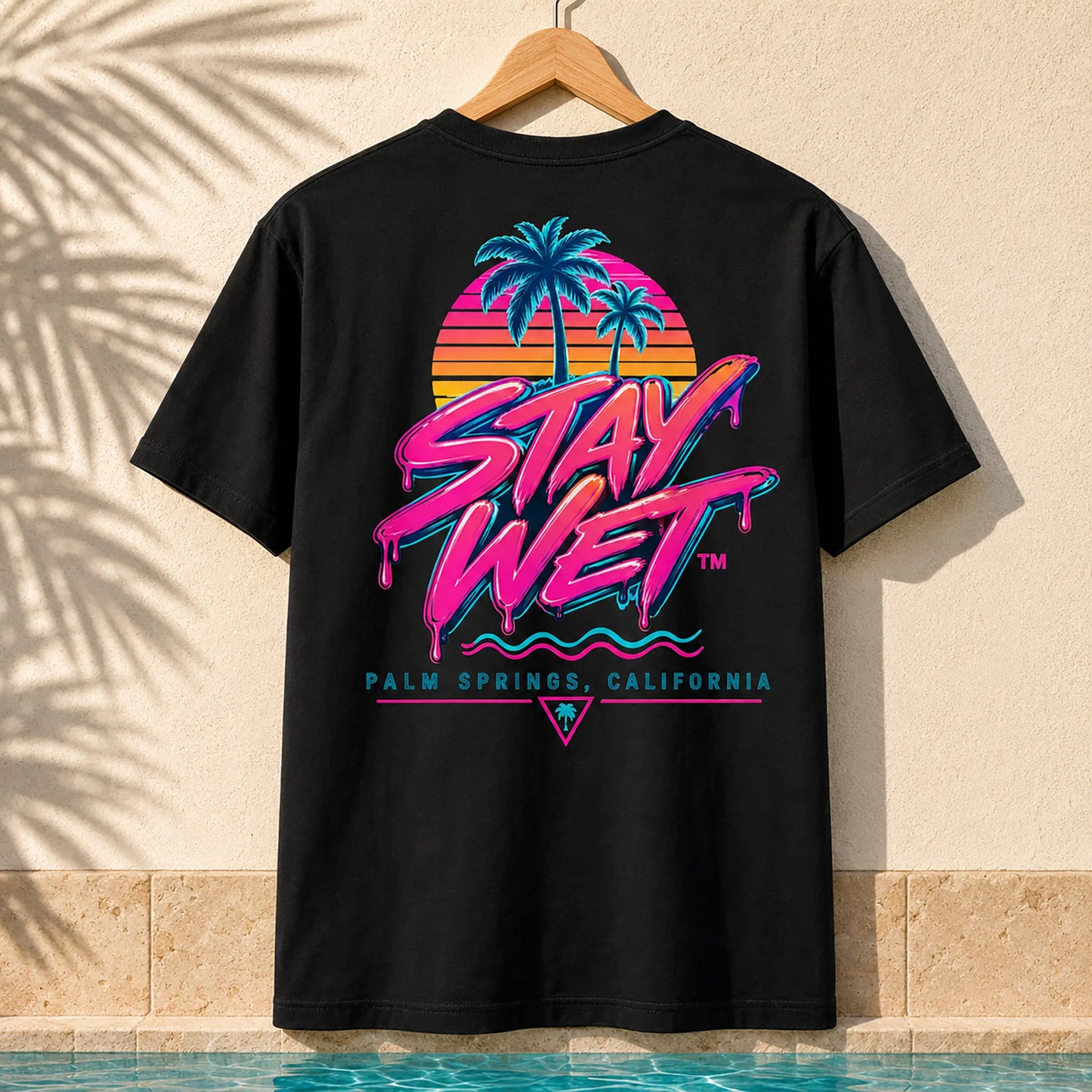 Black Stay Wet Palms T-shirt mockup featuring the large neon back graphic
