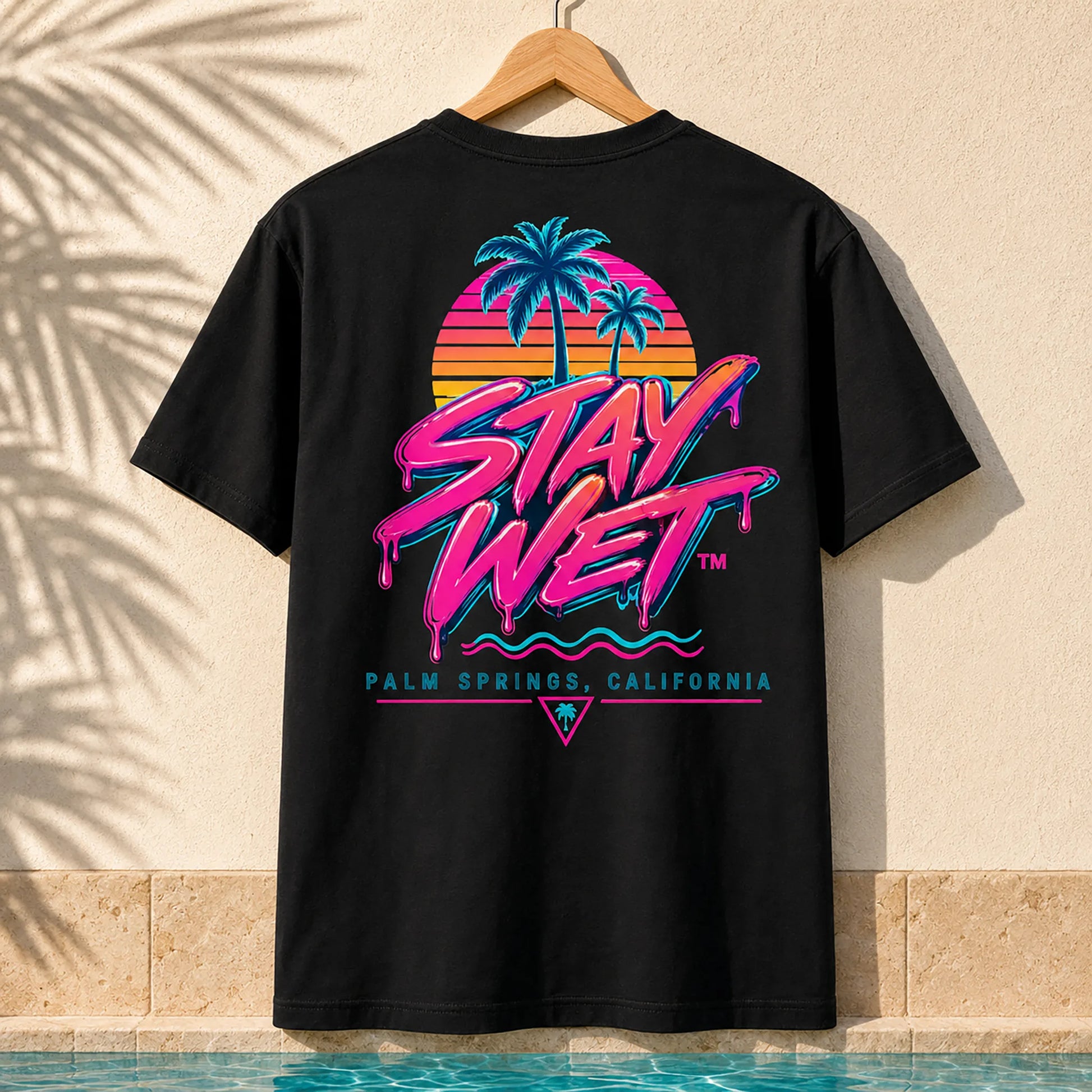 Black Stay Wet Palms T-shirt mockup featuring the large neon back graphic