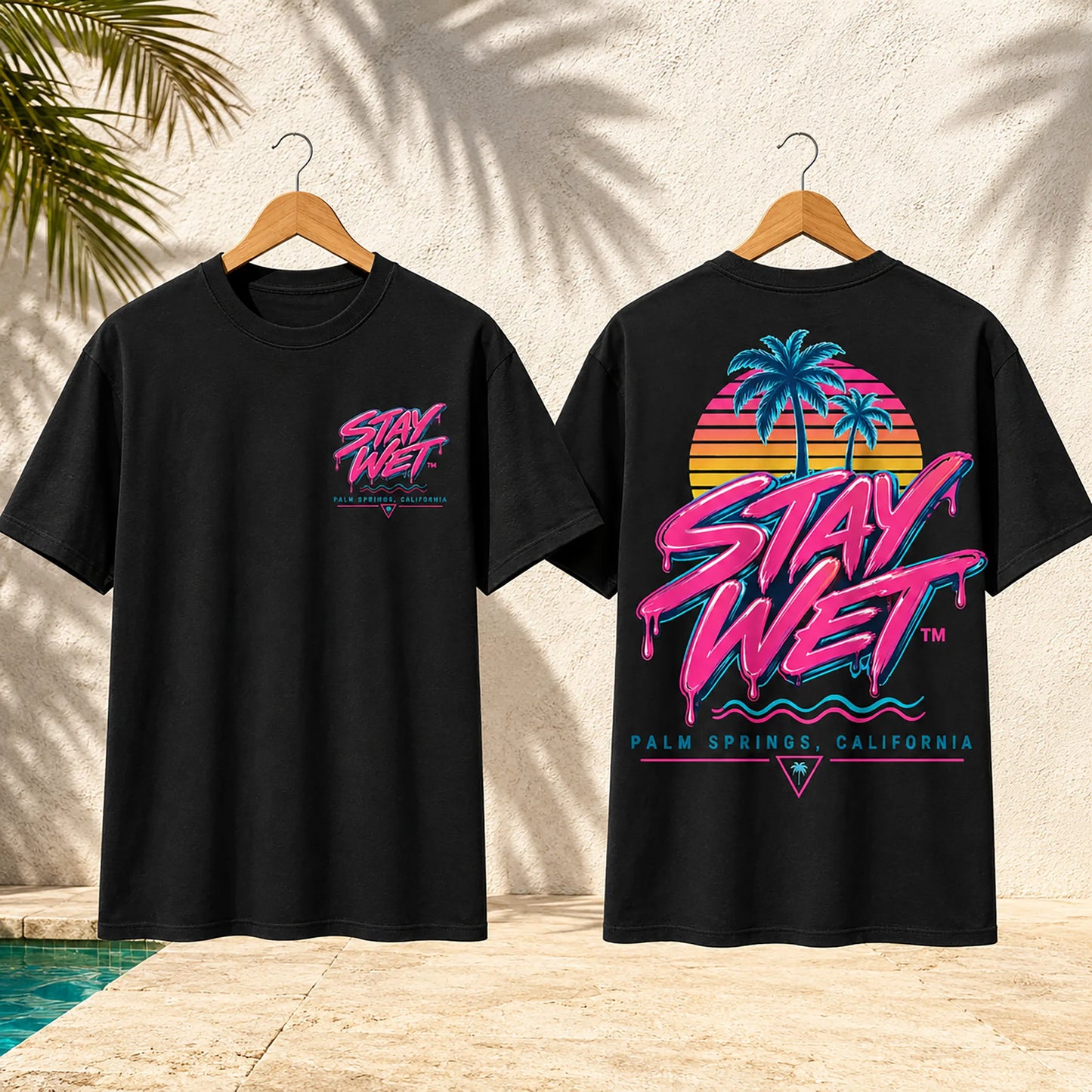 Black Stay Wet Palms T-shirts paired to show the small left-chest print and large neon back graphic