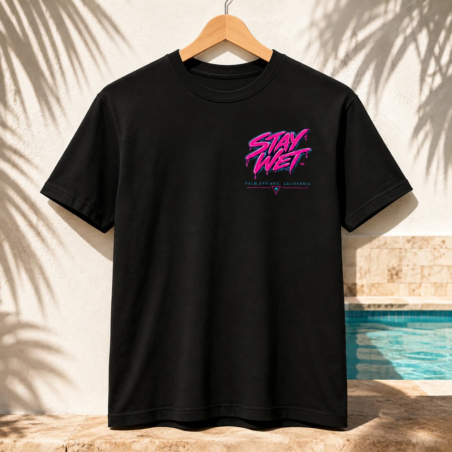 Black Stay Wet Palms front and back T-shirt mockup showing the small left-chest print