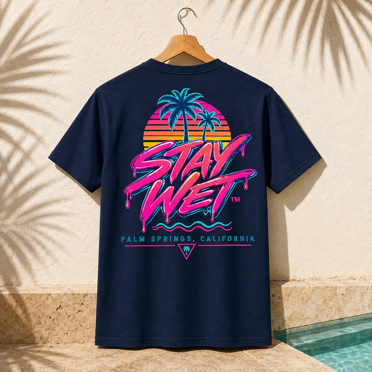 Navy Stay Wet Palms T-shirt mockup featuring the large neon back graphic