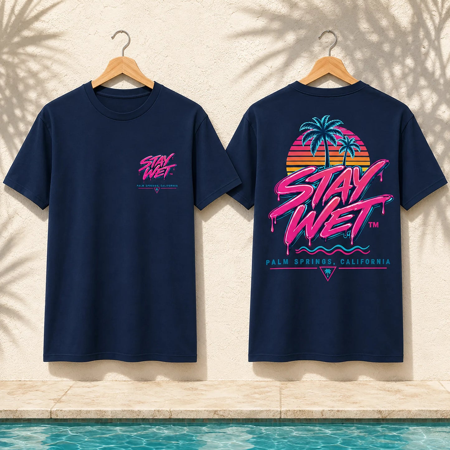 Navy Stay Wet Palms T-shirts paired to show the small left-chest print and large neon back graphic