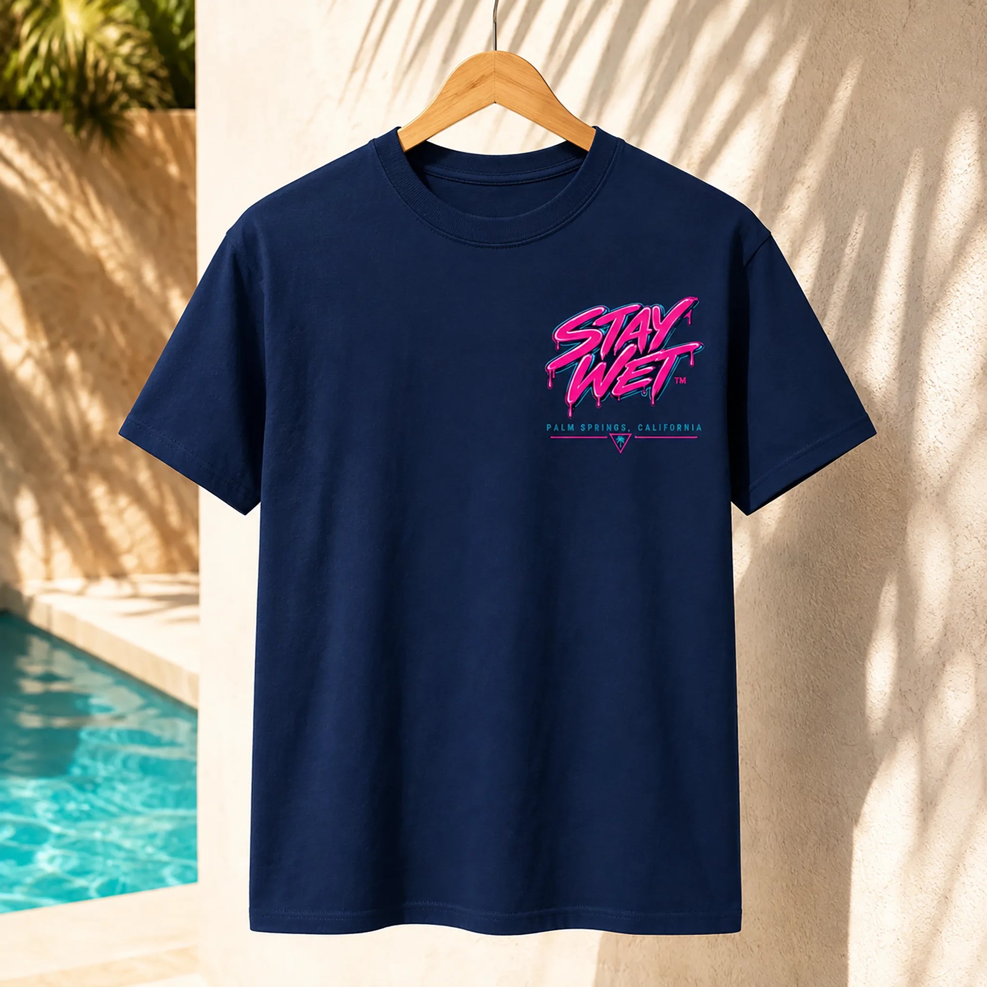 Navy Stay Wet Palms front and back T-shirt mockup showing the small left-chest print