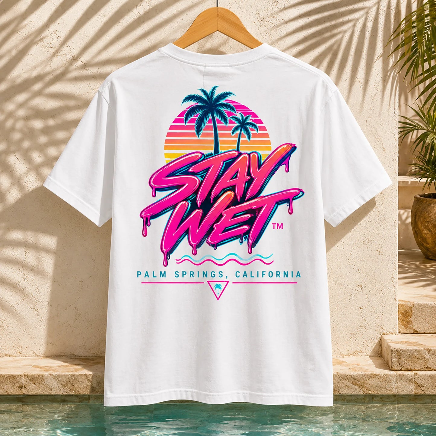 White Stay Wet Palms T-shirt mockup featuring the large neon back graphic