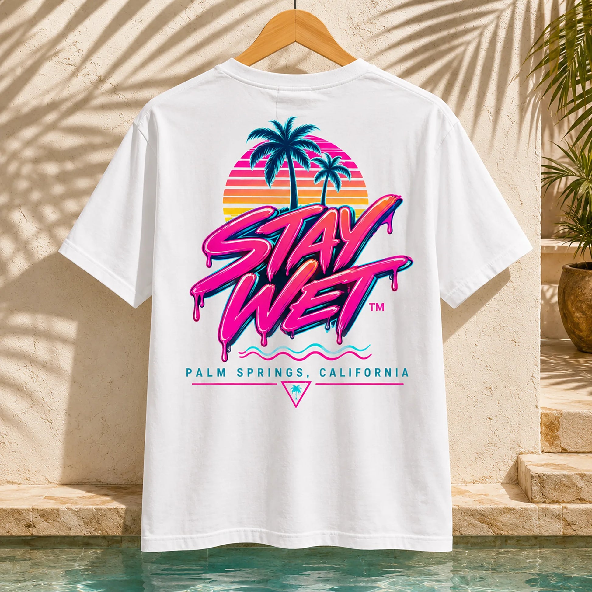 White Stay Wet Palms T-shirt mockup featuring the large neon back graphic