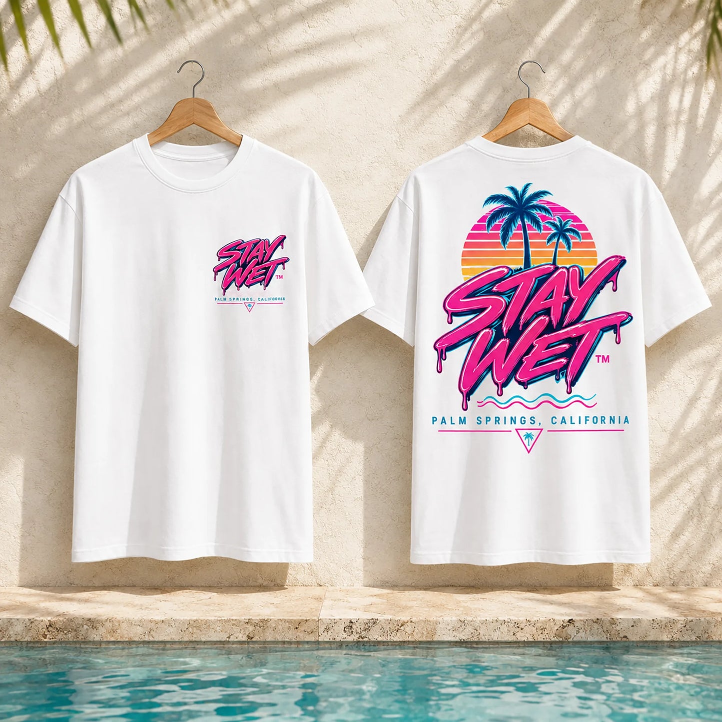 White Stay Wet Palms T-shirts paired to show the small left-chest print and large neon back graphic