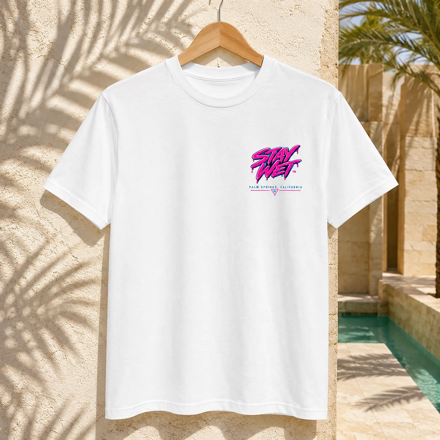 White Stay Wet Palms front and back T-shirt mockup showing the small left-chest print