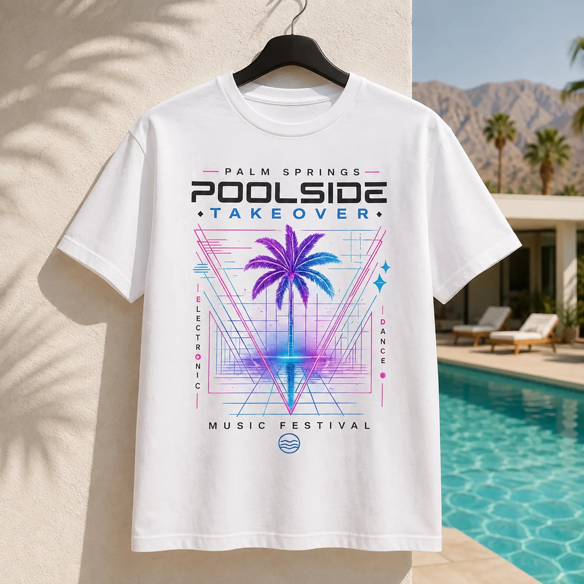 White Stay Wet Poolside Takeover Palm Tree V front graphic tee, Palm Springs Special Edition